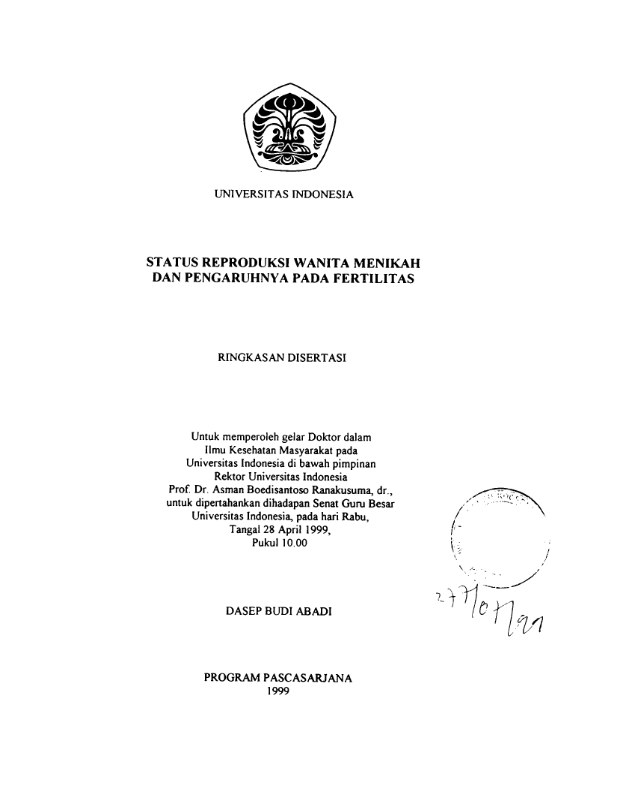 Cover status reproduksi wanita menikah dan pengaruhnya pada fertilitas ringkasan disertasi Dasep Budi Abadi