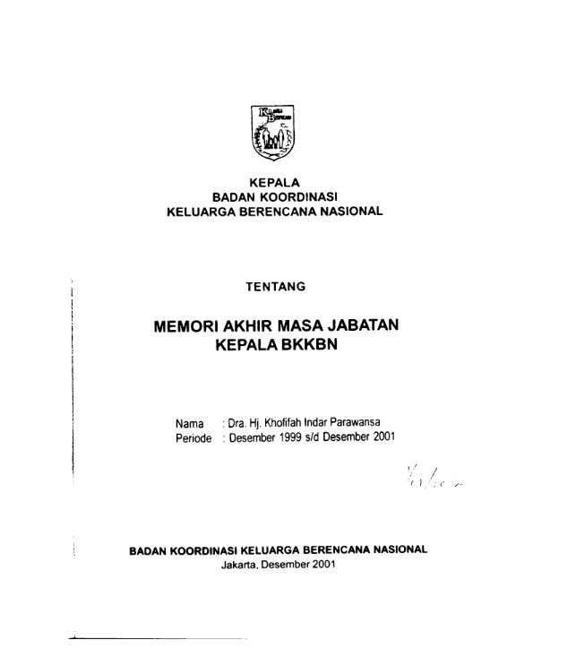 Cover Memori Akhir Masa Jabatan sebagai Kepala BKKBN - Dra. Hj. Khofifah Indar Parawansa