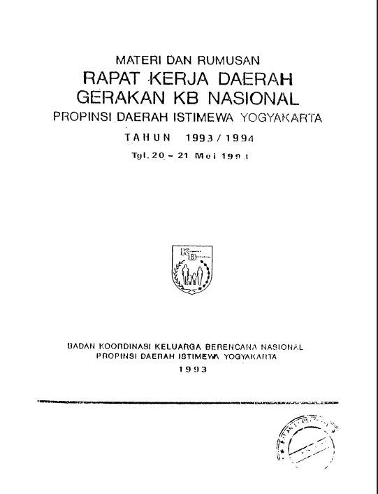 Cover Materi dan Rumusan Rapat Kerja Daerah Gerakan KB Nasional Propinsi Daerah Istimewa Yogyakarta : Tahun 1993/1994 Tgl. 20-21 Mei 1993 BKKBN D.I. Yogyakarta