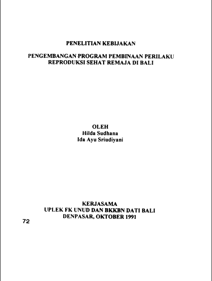 Cover Penelitian Kebijakan Pengembangan Program Pembinaan Perilaku Reproduksi Sehat Remaja di Bali   UPLEK FK UNUD