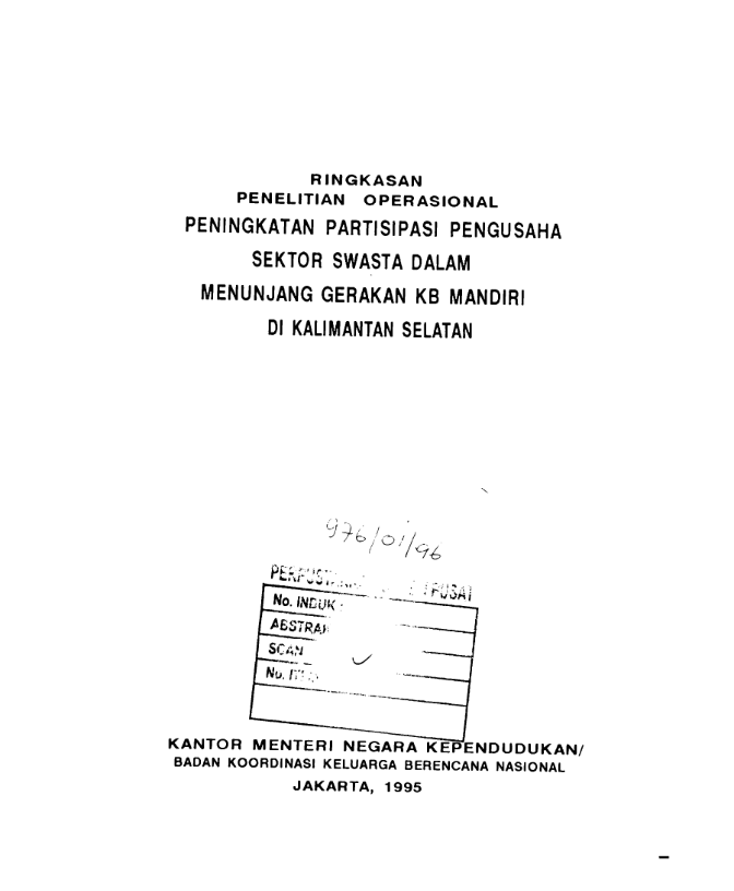 Cover ringkasan penelitian operasional peningkatan partisipasi pengusaha sektor swasta dalam menunjang gerakkan KB mandiri di kalimantan selatan - Badan Koordinasi dan Keluarga Berencana Nasional