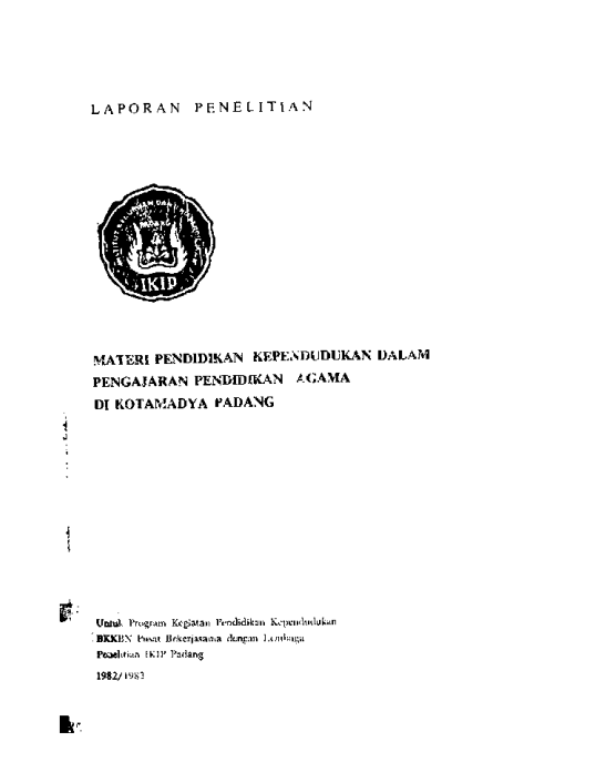 Cover Laporan Penelitian Materi Pendidikan Kependudukan Dalam Pengajaran Pendidikan Agama Di Kota Madya Padang   Badan Koordinasi Keluarga Berencana Nasional (BKKBN)