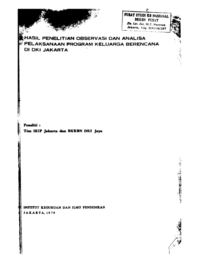 Cover hasil penelitian observasi dan analisa pelaksanaan program keluarga berencana di dki jakarta - Tim IKIP Jakarta dan BKKBN DKI Jaya