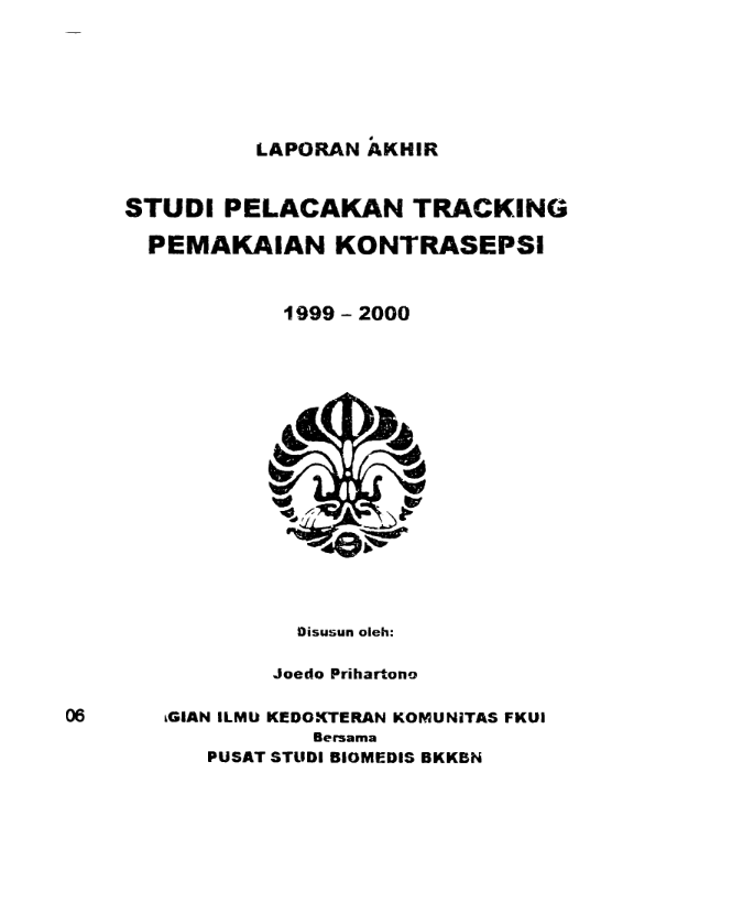 Cover laporan akhir studi pelacakan tracking pemakaian kontrasepsi 1999-2000 - Joedo Prihartono