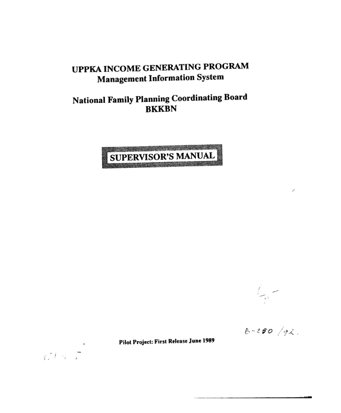 Cover uppka income generating program management information system national family planning coordinating board/bkkbn supervisor's manual John D. Nystuen